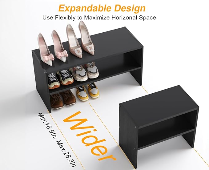 Black Shoe Rack Organizer for Closet, 2-Tier Expandable Shoe Shelf, Stackable Iron Wood Combination Small Shoe Racks Shelves for Closets, Entryway,Small Space,Hallway,Garage,6-12 Pairs - Image 4