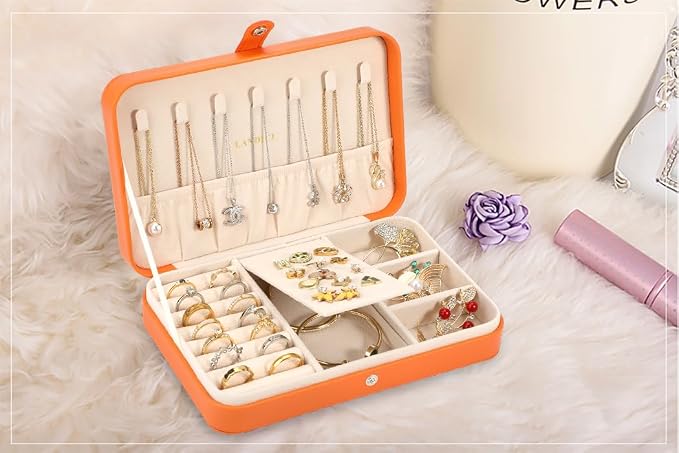 LANDICI Small Jewelry Box for Women Girls, PU Leather Travel Jewelry Case, Portable Jewelry Organizer Storage Holder Display for Ring Earrings Necklace Bracelet Bangle Men Kids Gift, Orange - Image 7