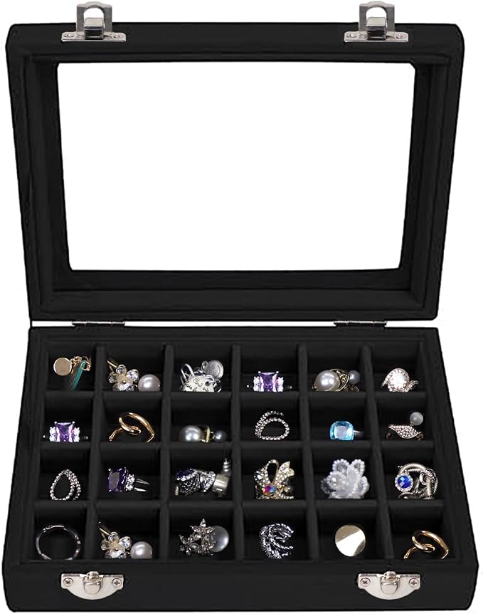 Velvet Jewelry Box 24 Grid Jewelry Earrings Display Organiser Box Ring Tray Holder Earrings Storage Case for Girls Women Wife Mom (Black) by EONGOA
