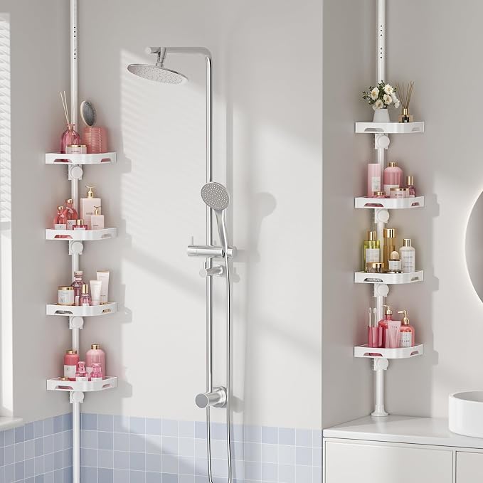 shuang qing 4-Tier Corner Shower Caddy Tension Pole Organizer - Adjustable Rustproof Metal Tension Pole, Plastic Shelves with Safety Guardrail, Bathroom Storage for Shower & Bathtub(White) - Image 5