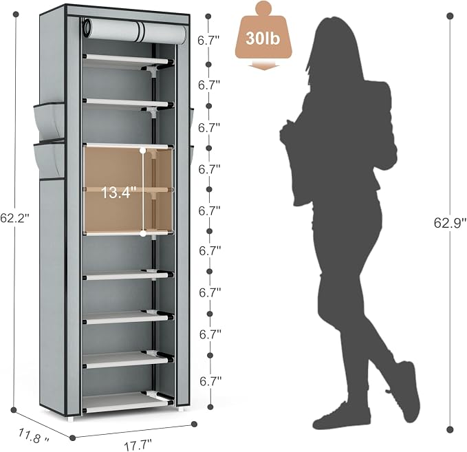VILICK Shoe Rack with Cover Narrow Shoe Rack Organizer with 4 Side Pockets 10 Tier Tall Shoe Storage Shoe Shelf Holds 18-22 Pairs Shoes and Boots Shoe Rack for Closet, Grey - Image 3