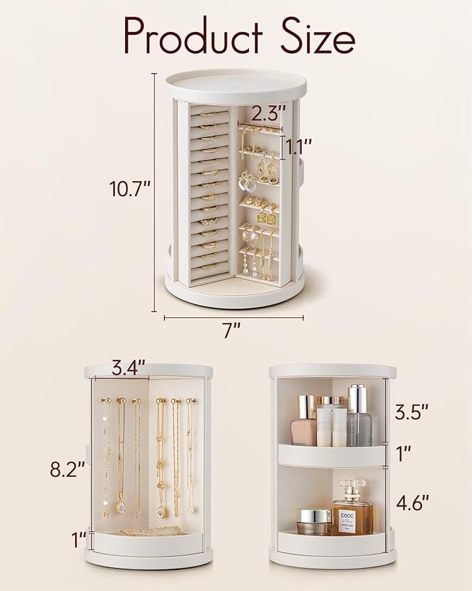 VLANDO 360°Rotating Jewelry Box,Earring Organizer Large Vertical Jewelry Organizer with 6 Necklace Hooks, Open Ring Display Storage for Women - Cream White - Image 5
