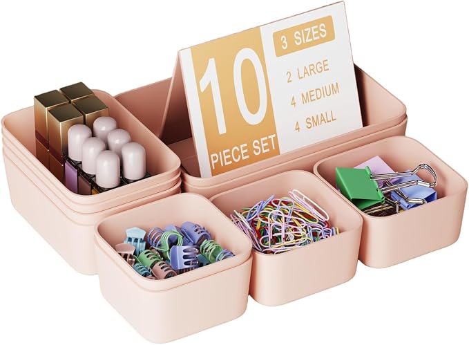 Plastic Drawer Organizers, 10 PCS Drawer Organizer Bins, Bathroom and Vanity Organizer Plastic Tray, Makeup organizer and storage for Makeup, Bedroom, Kitchen Gadgets Utensils and Office (Pink) by Homhut
