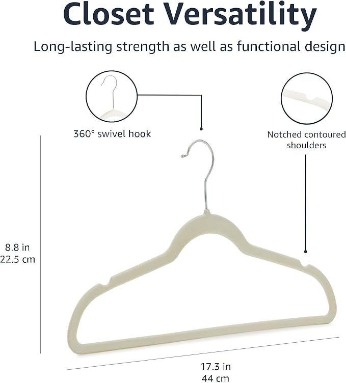 Amazon Basics Slim Velvet Non-Slip Space Saving Suit Clothes Hangers, Closet Organizer, Ivory/Beige, 30-Pack - Image 8