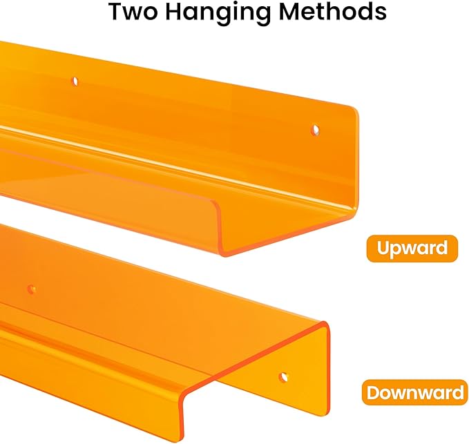 upsimples Acrylic Shelves for Wall Decor, 15" Display Shelf Perfume Organizer for Bathroom, Bedroom, Living Room, Floating Bookshelves for Kids, Clear Orange, 4 Pack - Image 6