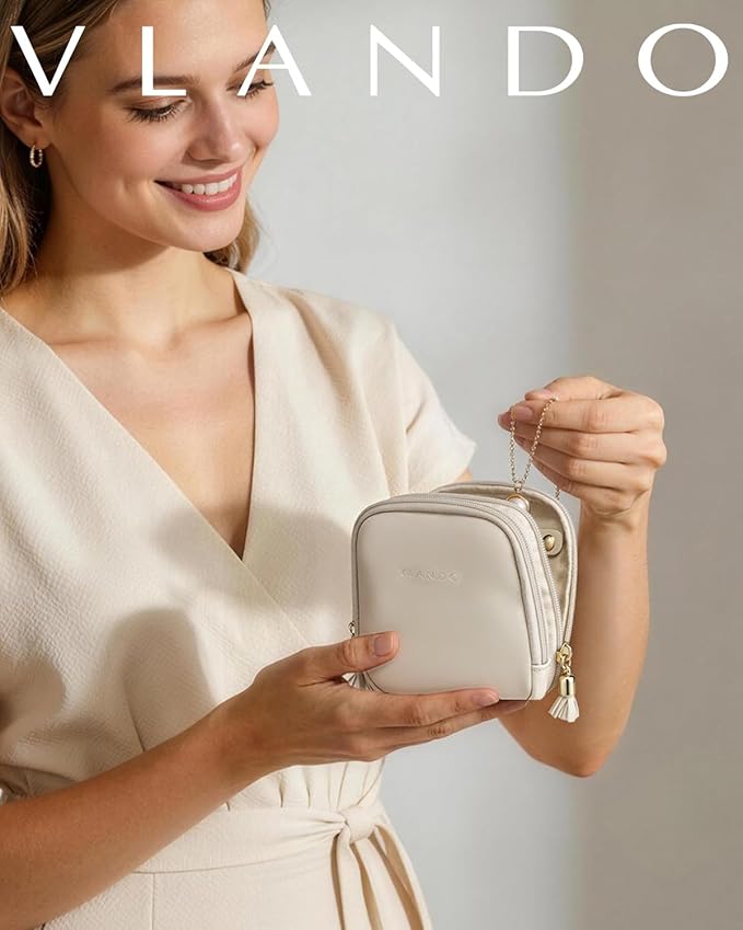 VLANDO Travel Jewelry Case,2-Layer Jewelry Organizer for Travel,Mothers Day Mom Gifts Teacher Gifts,Multi-Compartment Jewelry Storage for Rings Earrings Necklaces Bracelets-Cream White - Image 2