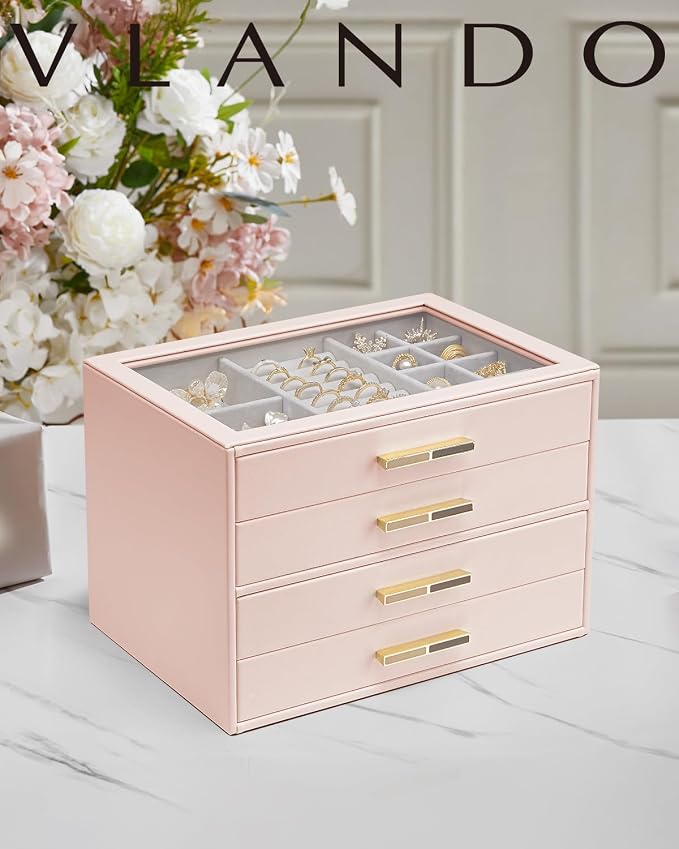 Vlando 4 Layer Jewelry Box for Women, Glass Lid Jewelry Organizer with 4 Drawers for Necklaces Rings Earrings Bracelets - Dark Pink - Image 2