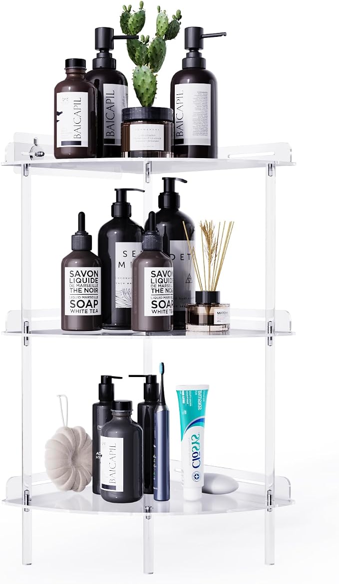 Bakzon Corner Shower Caddy, 3 Tier Acrylic Shower Organizer Corner for Inside Shower, Rustproof Floor Standing Shower Shelves for Bathroom, Clear - Image 9