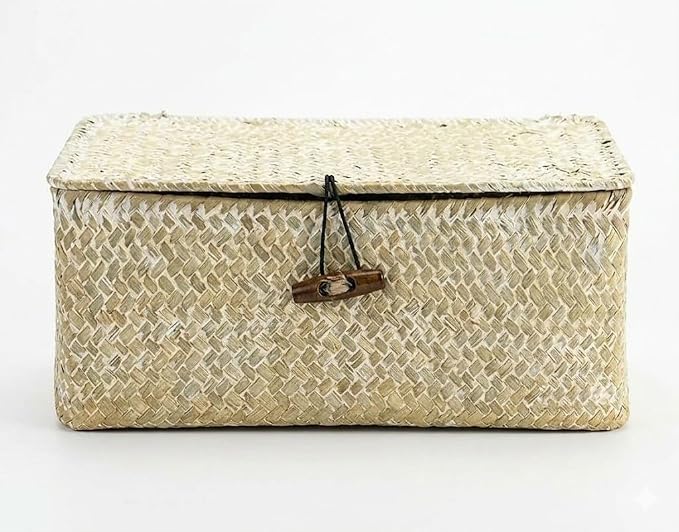 Nonam Small Basket with Lid, Natural Seagrass Bin with Lid, Shelf Baskets Multipurpose Container for Boho Decoration, Rectangular Household Storage Boxes for Home Organization-White by Unknown
