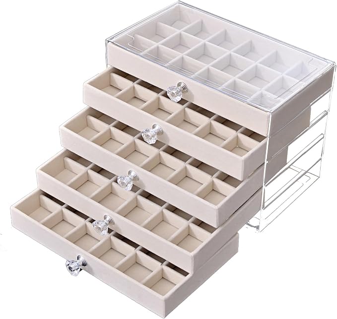 SPAKOWN Earring Box Holder Organizer Display Case, Clear Velvet Jewelry Storage Tray Organizer for Earring Ring Stud (Beige - 5 Drawers) by SPAKOWN