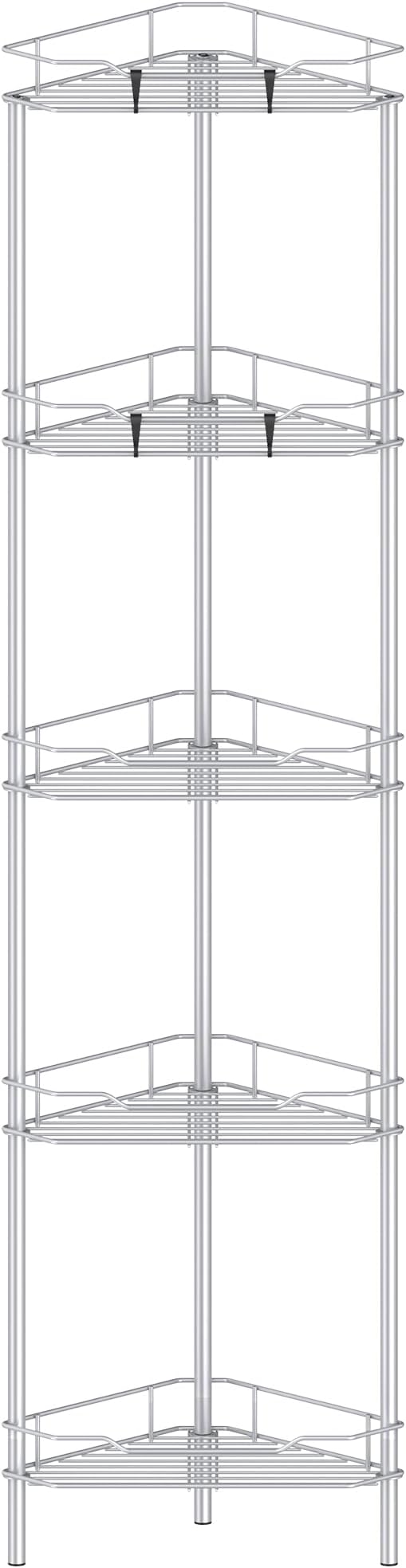HuggieGems 5 Tier Floor Standing Corner Shower Caddy Organizer Shelf with Hooks, Bathroom Shelves Stand Rack, Silver by HuggieGems
