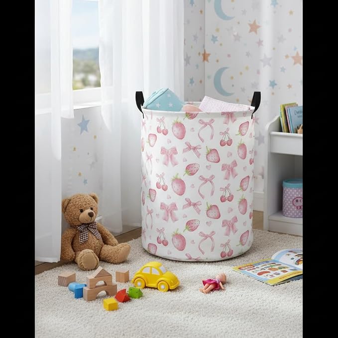 Baby Laundry Hamper kids laundry Basket Waterproof Laundry Bag for Bedroom Toy Clothes Organizer Room Décor(Bowknot strawberry) - Image 3