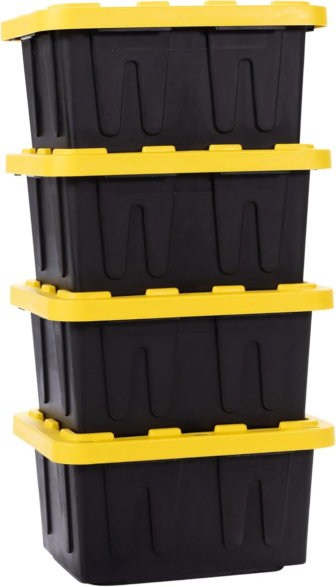 Plastic 5-Gallon Storage Tote with Lockable Lid, Stackable Tough Regular-Duty Bin for Garage, Tools, and Home Organization (4-Pack) - Black and Yellow - Image 9