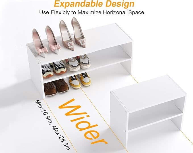 White Shoe Rack Organizer for Closet, 2-Tier Expandable Shoe Shelf, Stackable Iron Wood Combination Small Shoe Racks Shelves for Closets, Entryway,Small Space,Hallway,Bedroom,Bathroom,6-12 Pairs - Image 4