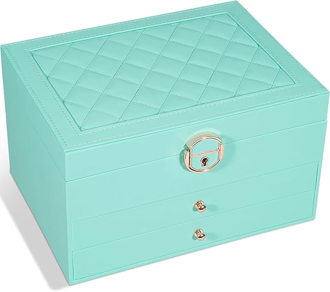 GUOER Jewelry Box for Women Girl Wife 3 Layers Large PU Leather Jewelry Organizer Storage Case with Two drawers Display for Earrings Bracelets Rings Watches (Teal) by GUOER