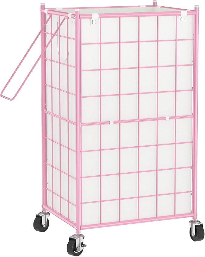 WOWLIVE Laundry Hamper with Wheels,Metal Wire Frame Rolling Laundry Basket with Removable bag,100L Dirty Clothes Hamper Organizer Dorm Room Storage for Bedroom,Bathroom,Pink by WOWLIVE