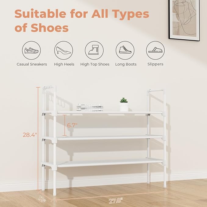 LANTEFUL 3 Tier Shoe Rack for Closet, Shoe Organizer with 5 Hooks, Long Shoe Shelf Storage for Shoe and Boot Stackable Free Standing Shoe Rack for Entryway, Garage, Small Spaces, Dorm, White - Image 3