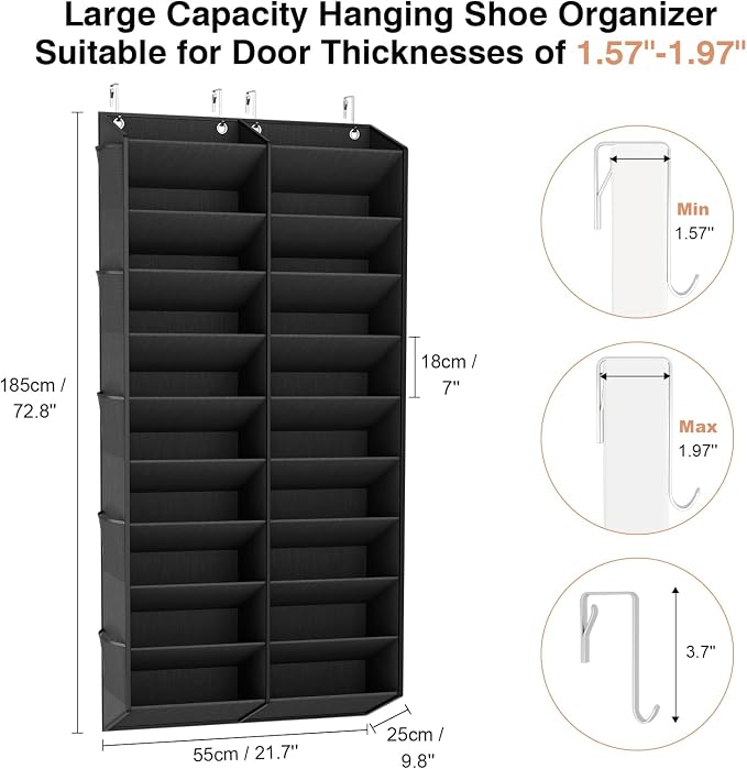 LANTEFUL Over the Door Shoe Organizer, Hanging Shoe Rack for Closet Door Shoe Storage for 30 Pairs Sneaker and Boots, Large Shoe Holder for Door with 10 Side Pockets, Space Saving, Black - Image 3