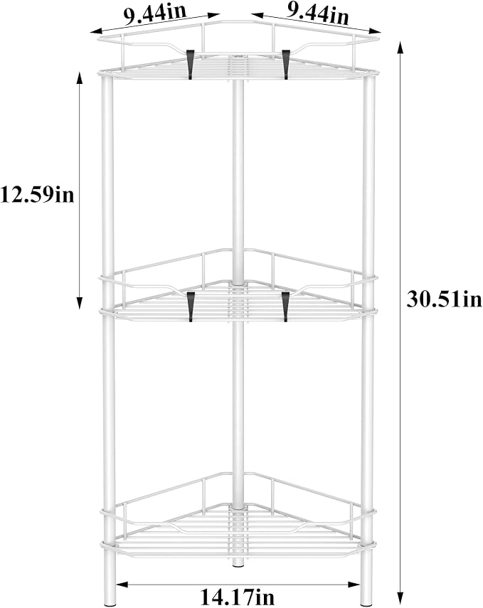 HuggieGems 3 Tier Floor Standing Corner Shower Caddy Organizer Shelf with Hooks, Bathroom Shelves Stand Rack, White - Image 7