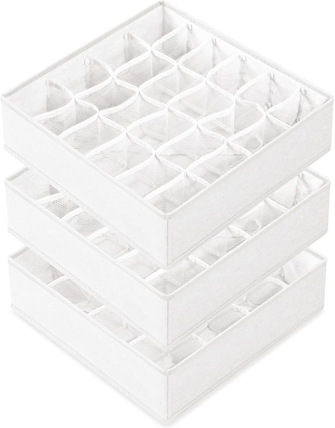 Criusia 3 Pack Sock Underwear Drawer Organizer Dividers, 64 Cell Fabric Foldable Cabinet Closet Organizers and Storage Boxes for Storing Socks, Panties, Ties (16+24+24 Cell, White) by Criusia