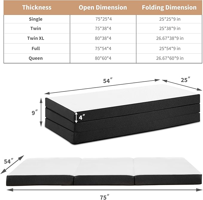 Sweetcrispy Tri-fold Memory Foam Mattress - 4 Inch Full Size Portable Bed Pad, Foldable Floor Mat, Collapsible and Washable Cover with CertiPUR-US Certified, for Travel & Camping & Yoga