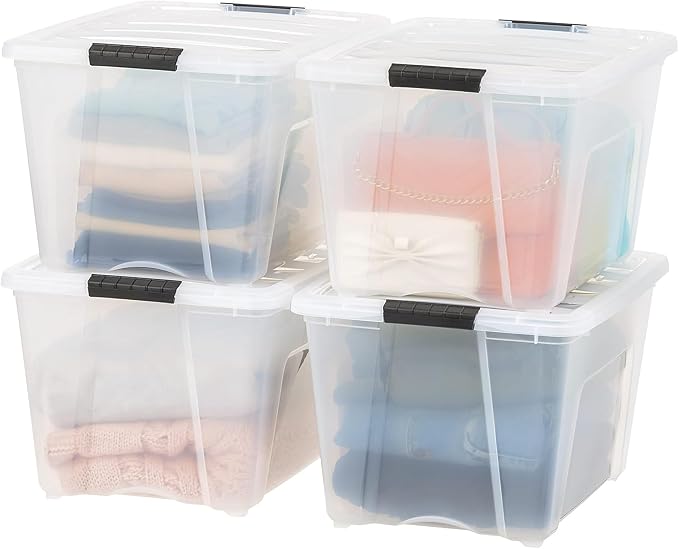 IRIS USA 54 Qt Stackable Plastic Storage Bins with Lids, 8 Pack - BPA-Free, Made in USA - See-Through Organizing Solution, Latches, Durable Nestable Containers, Secure Pull Handle - Clear - Image 2