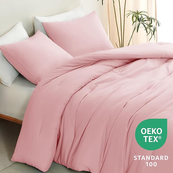 CozyLux Full Size Comforter Set Pink, 3 Pieces Solid Breathable Quilted Bedding Sets, Luxury Lightweight Soft Bed Set with Down Alternative Comforter and 2 Pillowcases for All Seasons