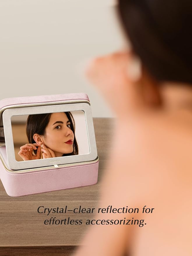 Velvet Travel Jewelry Box with Large Mirror, Double-Layer Jewelry Organizer Case for Women and Girls, Portable Storage Case with 6 Anti-Tarnish Bags Gift Ready for Her (Blush Pink) - Image 7