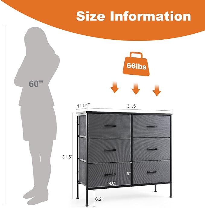 Sweetcrispy Dresser for Bedroom with 6 Storage Drawers, Fabric Storage Tower Organizer, Chest of Drawers with Metal Frame Wooden Top for Closet, Living Room, Entryway, Grey
