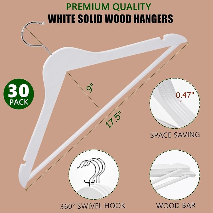 Amber Home 30 Pack White Wooden Coat Hangers, White Wood Suit Hangers with Non-Slip Pant Bar, Clothes Hangers for Closet Organization, Shirts, Jackets, Dresses, and Pants (White, 30) - Image 2