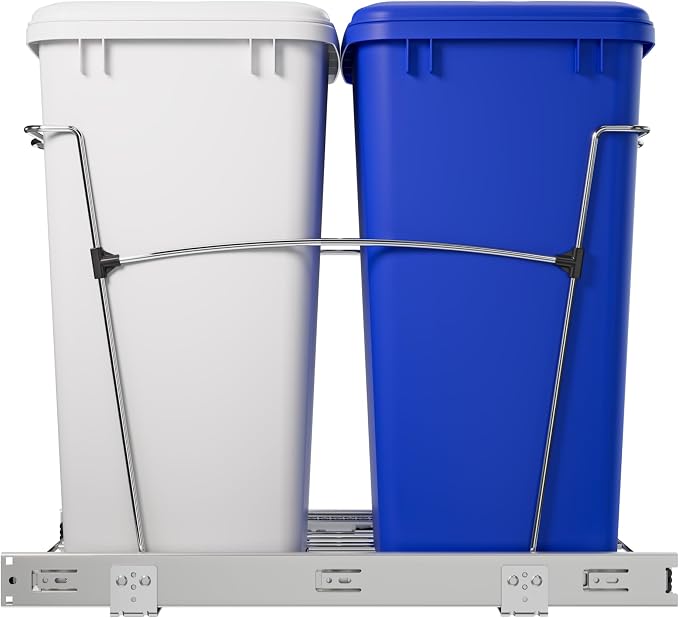 Rev-A-Shelf RV-18KD-11RC-S Double Pullout Trash Can for Kitchen Cabinets 35 Qt Garbage Recycling Bin on Full Extension Slide, Blue/White - Image 8