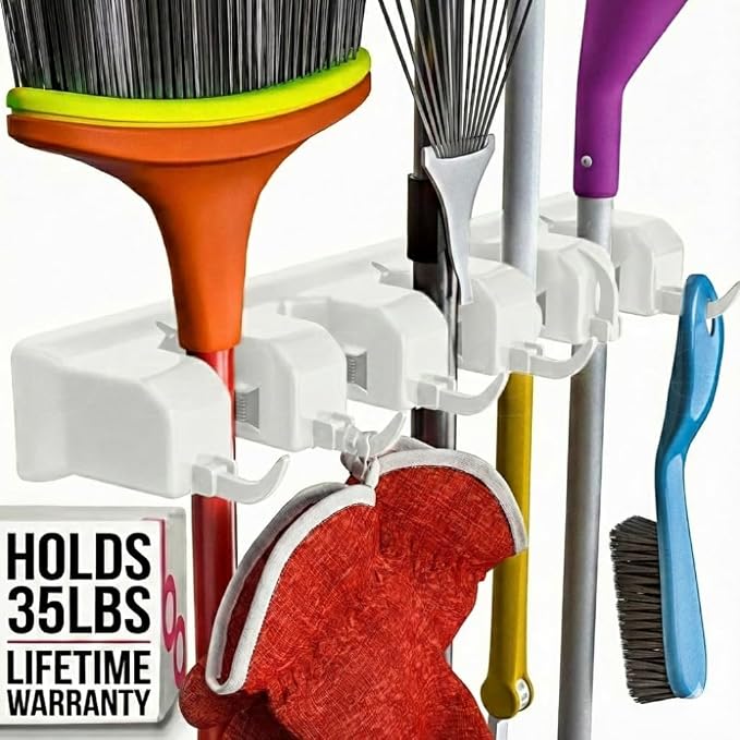 Broom Holder Wall Mount, Mop and Broom Organizer – Wall Mounted Broom Rack & Mop Rack, Rack for Brooms and Mops | Broom Hanger Wall Mount with 5 Slots & 6 Hooks, Kitchen Garage Laundry Garden (White) by BerryAve