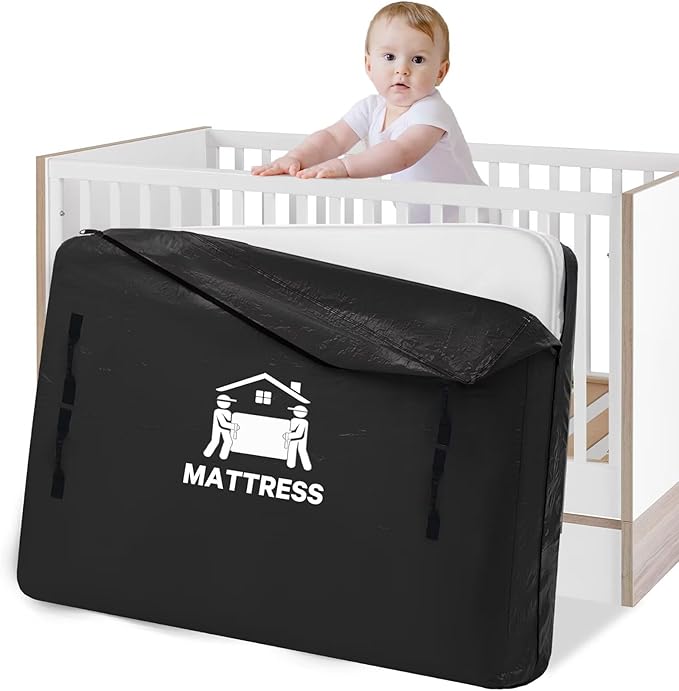 Mattress Bags for Moving, BETU Mattress Protector Waterproof Mattress Cover Crib Size Storage Bags with 8 Heavy-Duty Handles and Zipper for Bed Extra Thick Large Reusable (52"x28"x6.5" Black)