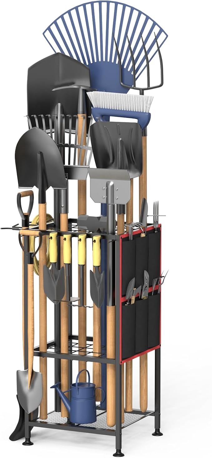 Garden Tool Organizer,Metal Yard Tool Organizer ,Holds 50 Long-Handled Tools/Rakes/Brooms,Side Garden Pocket ,Heavy Duty Steel Yard Tool Storage Rack for Garage,Shed, Outdoor by Lovind