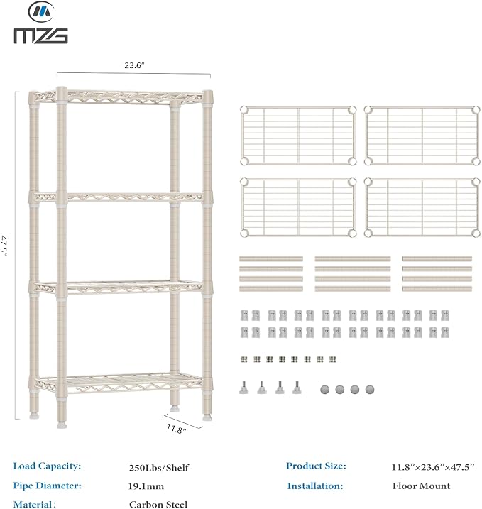 M MZG 1000 lbs 4-Shelf Standing Storage Shelves Heavy Duty Metal Shelving Unit Adjustable Wire Rack for Office Garage Kitchen, Light Tan 11.8 D x 23.6" W x 47.5" H - Image 3