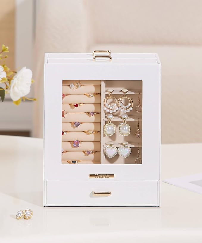 Mothers Day Gifts Homde Jewelry Organizer Girls Women Jewelry Box for Necklaces Rings Earrings Gift Bracelets Storage Case (White + Gold) - Image 2