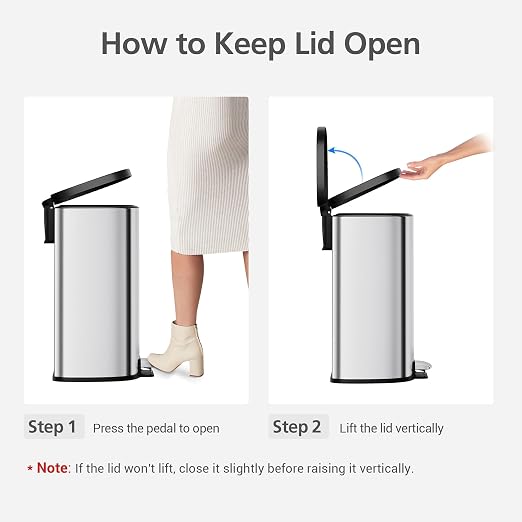 Garvee Stainless Steel Trash Can, 50 L/13 gal Hands Free Garbage Can with Soft Close Lid and Foot Pedal, Metal Kitchen Waste Bin with Inner Bucket for Living Room, Office, D Shape, Silver - Image 9