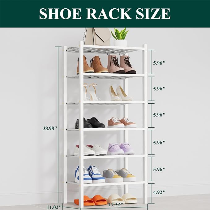 Smiry Shoe Rack, 6 Tier Thick Small Bamboo Shoe Organizer, Stackable Free Standing Wooden Shoe Storage Shelf for Closet, Entryway, Front Door Entrance, White - Image 2