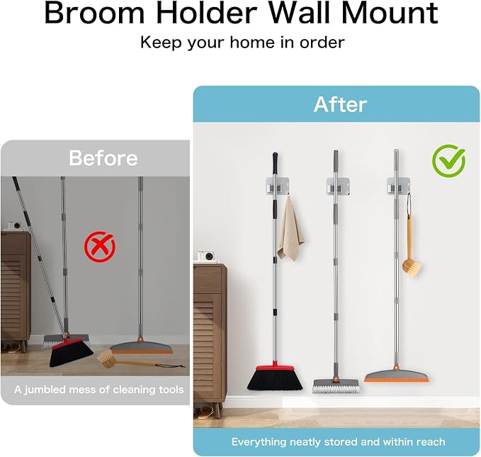 nacena 4 Pack No Drill Self Adhesive Broom Mop Holder Wall Mount with Hooks, Heavy Duty Stainless Steel Organizer for Kitchen Bathroom Garage Storage,Silver - Image 7