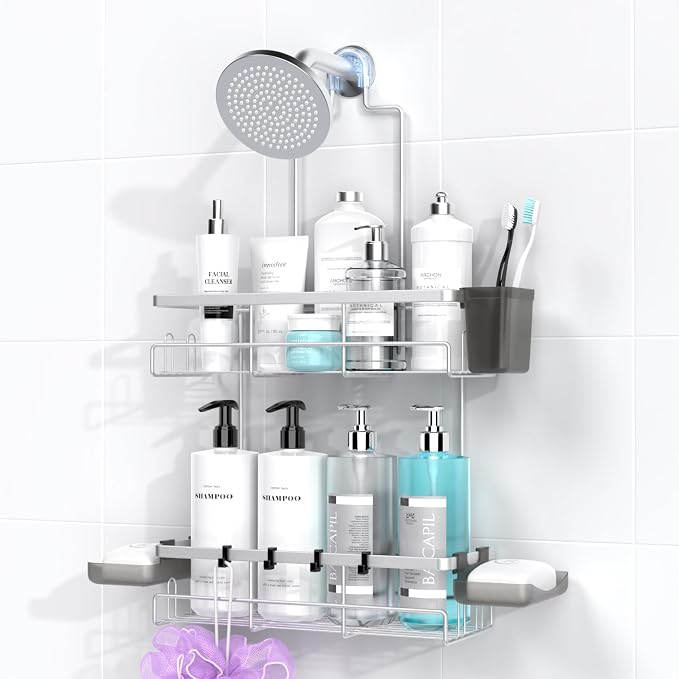 AKTECKE Shower Caddy Hanging Bathroom Organizer: Rustproof Shower Shelf for Inside Shower - No Drilling Shower Racks Over Showerhead - Bath Shelves Rack for Shampoo Soap Chrome by AKTECKE