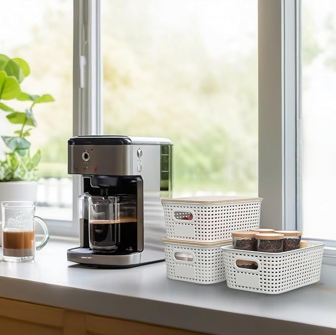 6Pcs Storage Bins with Lids, Stackable Plastic Storage Basket with Bamboo Lid, Pantry Organizer Box Small Containers for Organizing Shelves Drawer Desktop Closet Cabinet Office Classroom 10x7.1x4.1in - Image 8