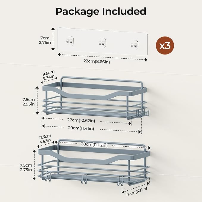 Orimade Shower Caddy Basket Shelf Storage Rack, No Drilling Wall Mounted Adhesive Rust Resistant Stainless Steel Shower Organizer with 5 Hooks for Bathroom, Light Blue Grey 2 Pack - Image 8