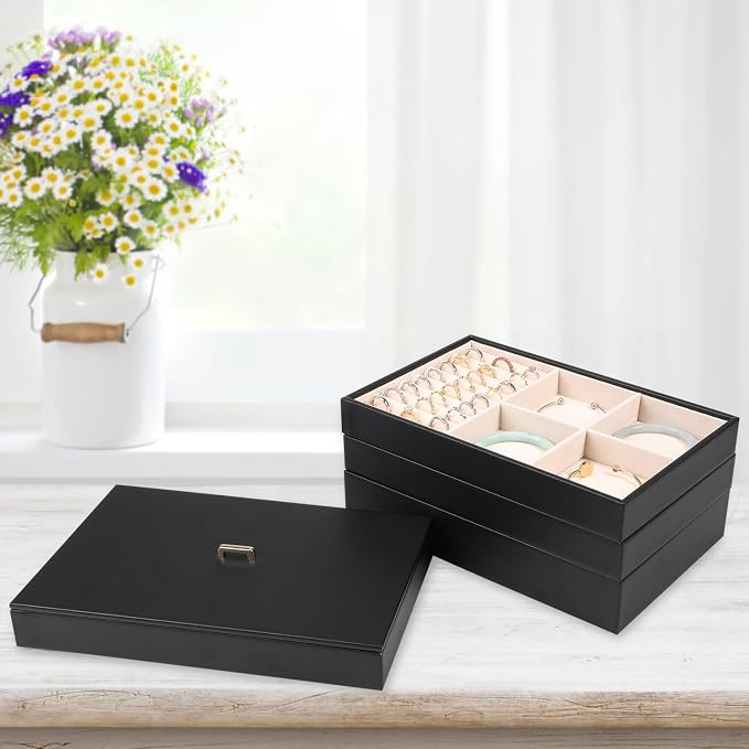 Voova Stackable Jewelry Organizer Tray with Lid, PU Leather Jewelry Storage Holder for Drawer Inserts, Jewellery Display Box Case for Earring Necklace Ring Watch Bracelet (Set of 4, Black) - Image 4
