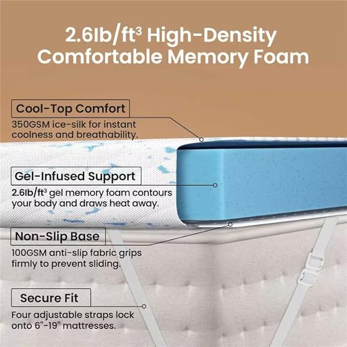 OhGeni 3 Inch Cooling Queen Size Gel Memory Foam Mattress Topper Pad,Soft Bed Cover with Anti-Slip Base &Zipper,Fits 6"-19" Mattresses with Straps,Extra Comfort for Sleep&Back Pain Relief