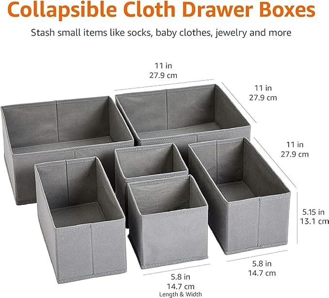 Amazon Basics Collapsible Cloth Drawer Organizer Boxes for Socks, Underwear and Baby Clothes, Storage Bins, Gray, Set of 6 - Image 2