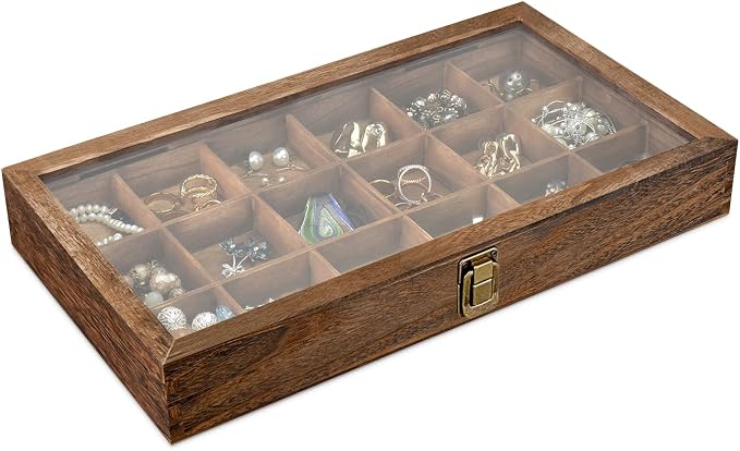 MOOCA Wooden Jewelry Display and Beads Display Storage Case with Tempered Glass Lid , 18 Compartments, 15" W x 8 3/8" L x 2 1/8" H, Brown Color by Mooca