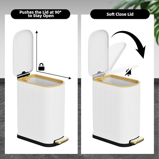 KSSKSS 2.6 Gallon Slim Bathroom Trash Can with Soft Close Lid, 10L Stainless Steel Garbage Can with Removable Liner Bucket, for Narrow Spaces, Bathroom, Bedroom (White) - Image 3