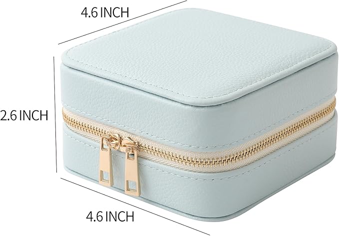 Genuine Leather Travel Jewelry Organizer Case with Mirror for Women, Small Mini Portable Jewelry Box for Ring Earrings Necklace Bracelet Luxury Gift for Women（Light Blue） - Image 2