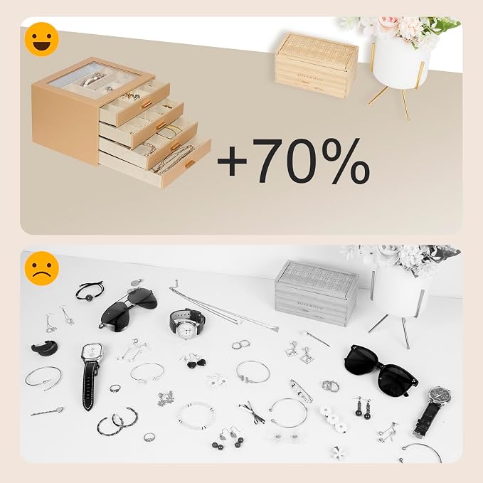 Jewelry Box with Glass Lid, 4-Layer Jewelry Organizer for Women Girls, PU Leather Display Case with 20-Grid Earring Tray & Movable Dividers for Necklaces Rings,Camel - Image 7