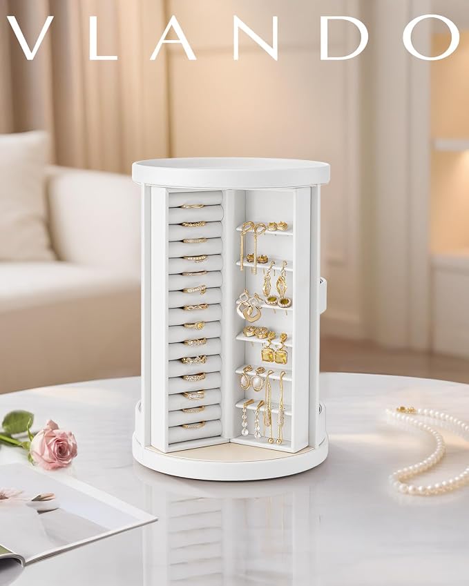 VLANDO 360°Rotating Jewelry Box,Earring Organizer Large Vertical Jewelry Organizer with 6 Necklace Hooks, Open Ring Display Storage for Women -White - Image 8